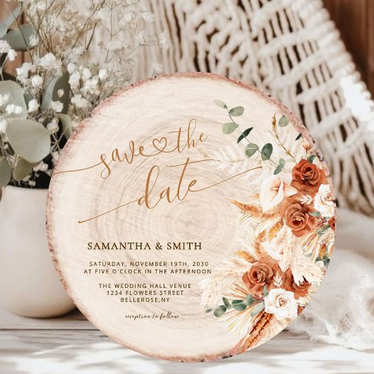 Invitation Rustique Enregistrer la date Round Wood Cut Grain