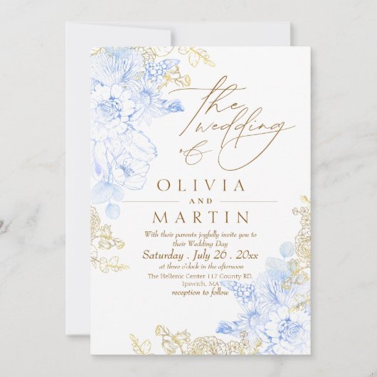 Invitation Rustique et élégant Florals Rose Mariage or (Devant)