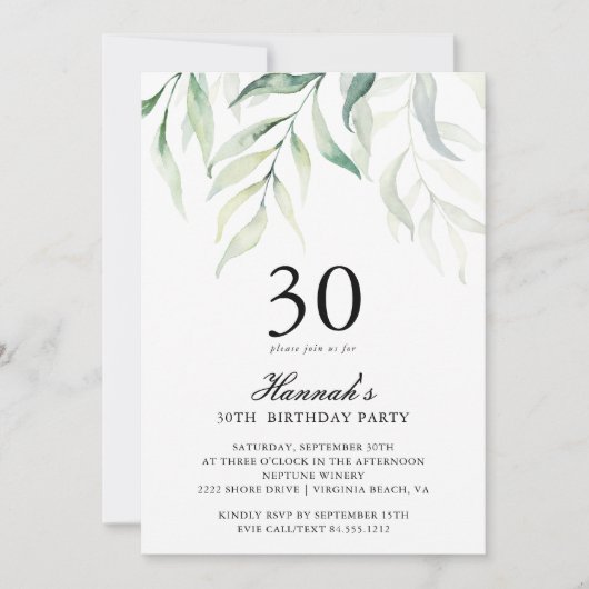 Invitation Rustique Eucalyptus 30e anniversaire de fête Invit (Devant)