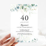 Invitation Rustique Eucalyptus Gold Floral 40e fête d'anniver<br><div class="desc">Cette invitation rustique à la fête de 40ème anniversaire d'eucalyptus or est parfaite pour une simple fête d'anniversaire. Cette conception artistique présente des feuilles d'or dessinées à la main et des feuilles d'aquarelle vert d'eucalyptus,  une beauté naturelle inspirante.</div>