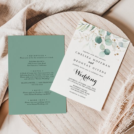 Invitation Rustique Eucalyptus Gold Floral Mariage avant et a