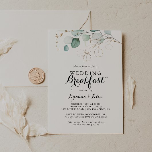 Invitation Rustique Eucalyptus Gold Floral Mariage Petit déje