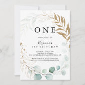 Invitation Rustique Eucalyptus Gold Floral Première fête d'an (Devant)