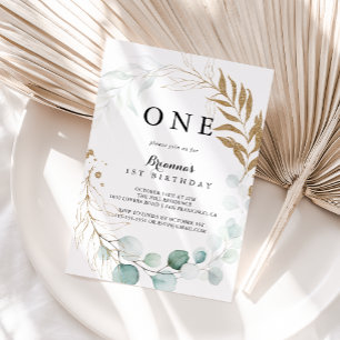 Invitation Rustique Eucalyptus Gold Floral Première fête d'an