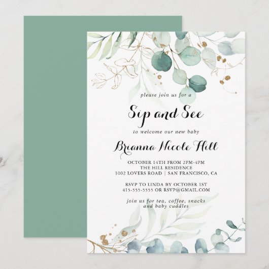Invitation Rustique Eucalyptus Gold Floral Sip et voir (Devant / Derrière)