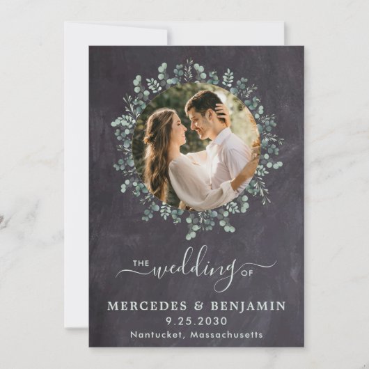 Invitation Rustique Eucalyptus Green Photo QR Code Mariage (Devant)