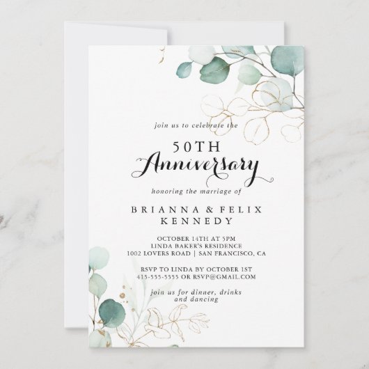 Invitation Rustique Eucalyptus Or 50e Anniversaire de Mariage (Devant)