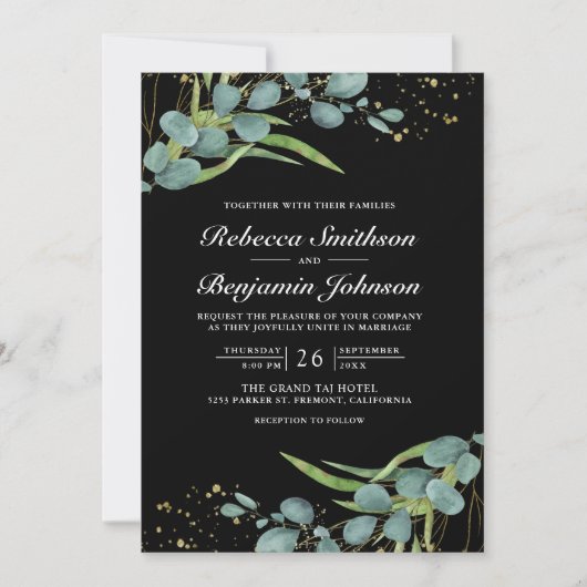 Invitation Rustique Eucalyptus Photo QR Code Mariage noir (Devant)