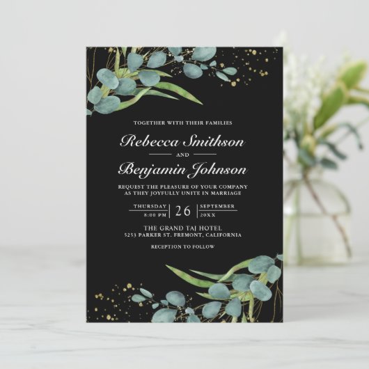Invitation Rustique Eucalyptus Photo QR Code Mariage noir (Debout devant)