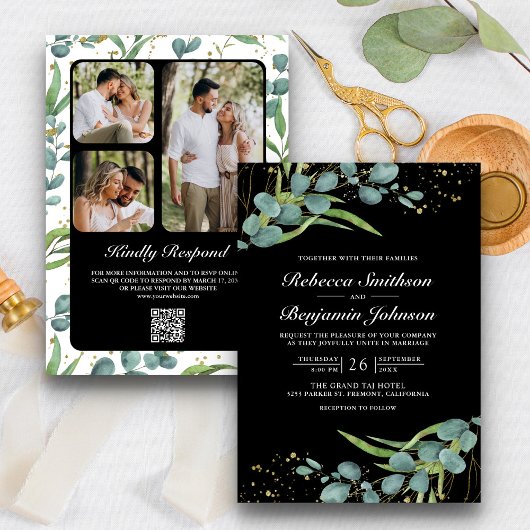 Invitation Rustique Eucalyptus Photo QR Code Mariage noir