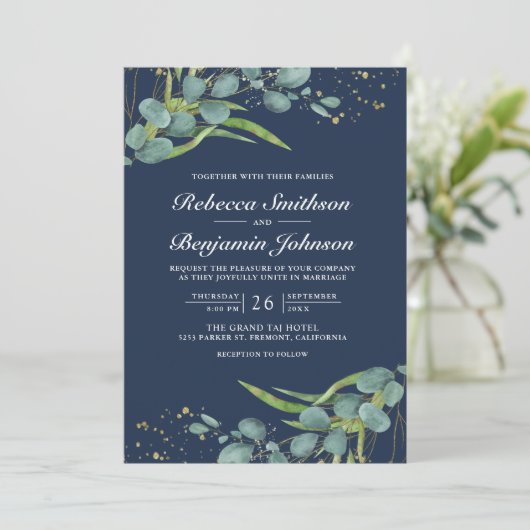 Invitation Rustique Eucalyptus Photo QR Code Marine Mariage b (Debout devant)