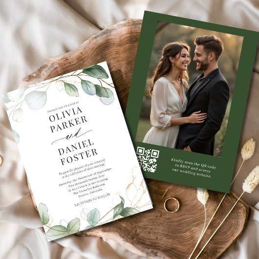Invitation Rustique Eucalyptus QR Code Photo Mariage de verdu