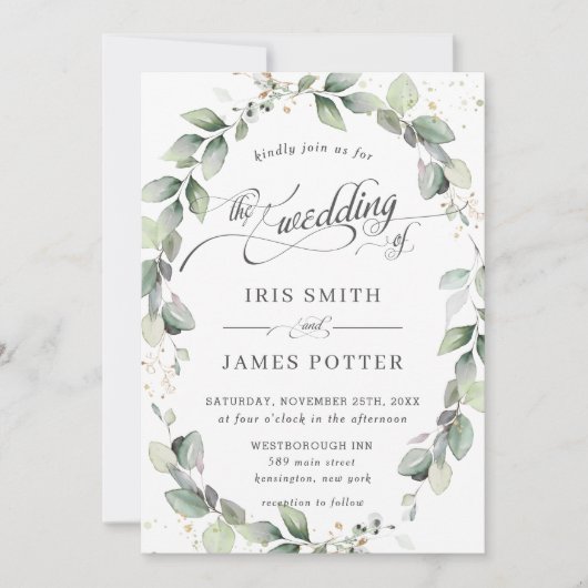 Invitation Rustique Eucalyptus Verdure Wreath Mariage feuille (Devant)