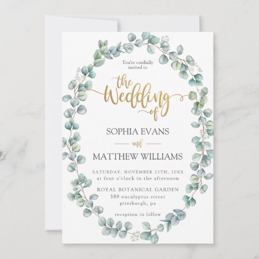 Invitation Rustique Eucalyptus Verdure Wreath Mariage or (Devant)