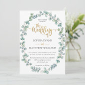 Invitation Rustique Eucalyptus Verdure Wreath Mariage or (Debout devant)