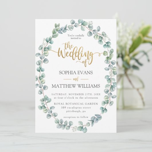 Invitation Rustique Eucalyptus Verdure Wreath Mariage or (Debout devant)