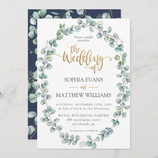 Invitation Rustique Eucalyptus Verdure Wreath Mariage or (Devant / Derrière)