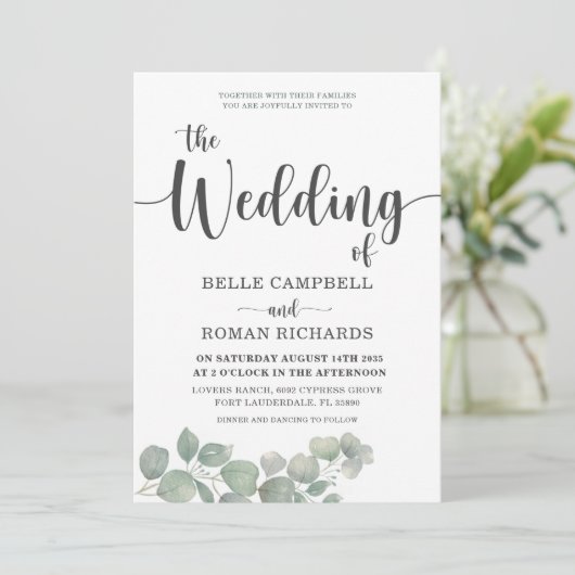 Invitation Rustique Eucalyputus Dusty Mariage bleu (Debout devant)