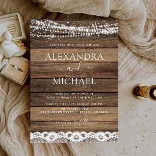 Invitation Rustique Farmhouse Chaîne Lumières dentelle Mariag