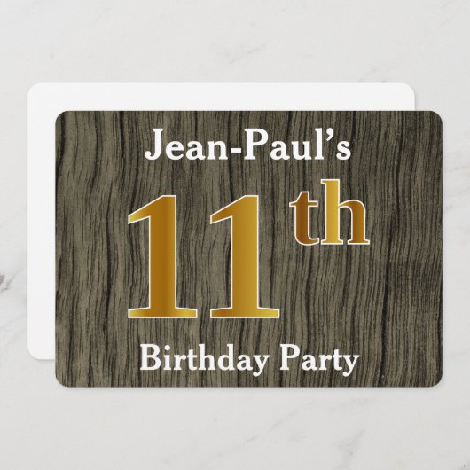 Invitation Rustique, Faux Gold 11e fête d'anniversaire; Nom p (Devant / Derrière)