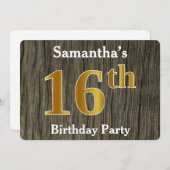 Invitation Rustique, Faux Gold 16e fête d'anniversaire; Nom p (Devant / Derrière)