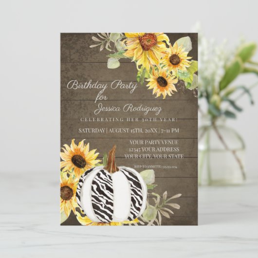 Invitation Rustique fête d'anniversaire Floral Automne Zebra  (Debout devant)