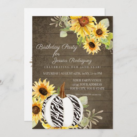 Invitation Rustique fête d'anniversaire Floral Automne Zebra  (Devant / Derrière)
