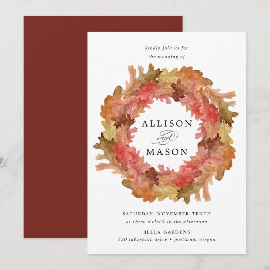 Invitation Rustique Feuilles Automne Automne Mariage Wreath A (Devant / Derrière)