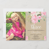 Invitation Rustique fille 3e anniversaire rose blanc (Devant)