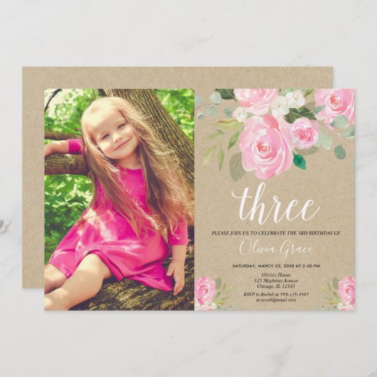 Invitation Rustique fille 3e anniversaire rose blanc (Devant / Derrière)