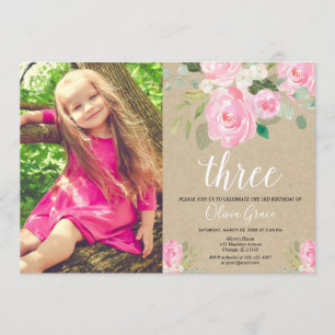 Invitation Rustique fille 3e anniversaire rose blanc