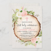 Invitation Rustique fille première communion boisé rousse ros (Devant / Derrière)