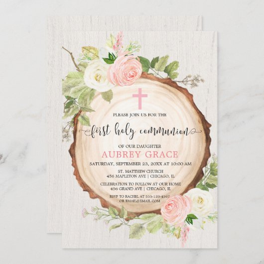 Invitation Rustique fille première communion boisé rousse ros (Devant / Derrière)