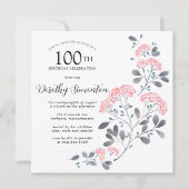 Invitation Rustique Fleur sauvage rose floral 100e fête d'ann (Devant)
