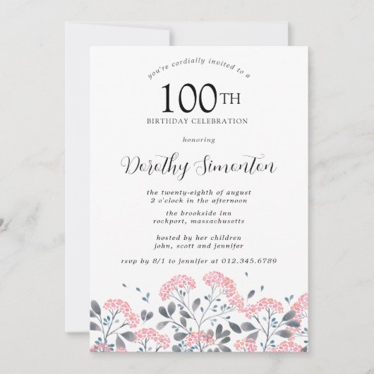 Invitation Rustique Fleur sauvage rose floral 100e fête d'ann (Devant)