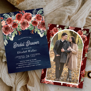 Invitation Rustique Fleurie Marsala Photo Bleu Marine Baby Sh