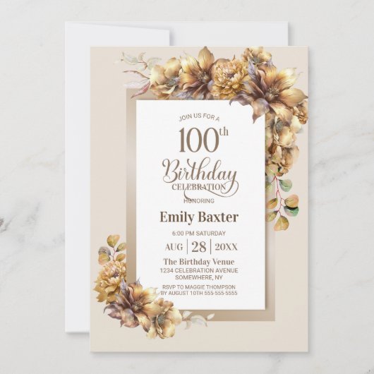 Invitation Rustique Floral 100e fête d'anniversaire (Devant)