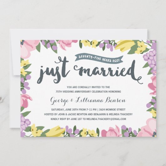 Invitation Rustique Floral | 75e anniversaire de mariage (Devant)