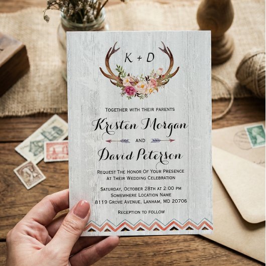 Invitation Rustique Floral Antler Blanc Boho Boho Décor Maria