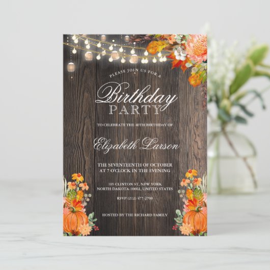 Invitation Rustique Floral Automne Automne Citrouille Anniver (Debout devant)