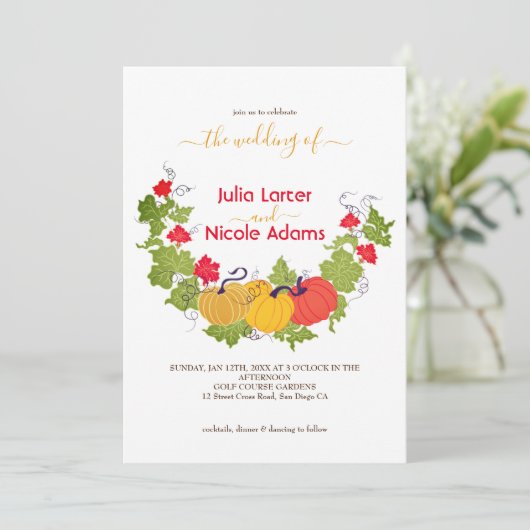 Invitation Rustique Floral Automne Citrouille Mariage bois (Debout devant)