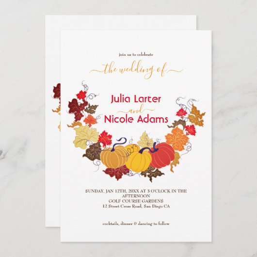 Invitation Rustique Floral Automne Citrouille Mariage bois (Devant / Derrière)