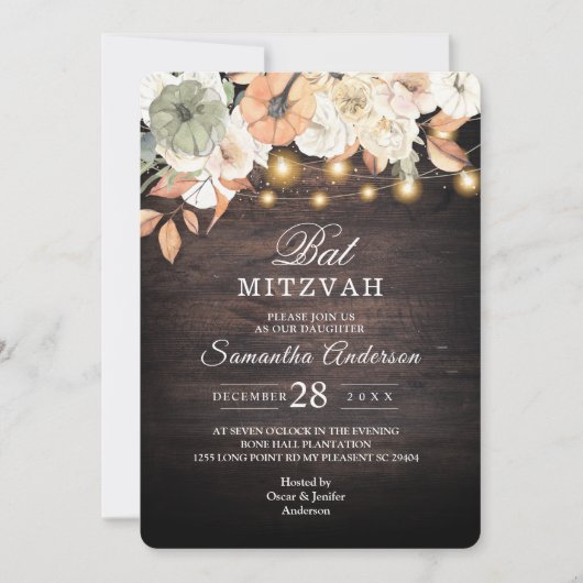 Invitation Rustique Floral Bat mitzvah | Automne (Devant)