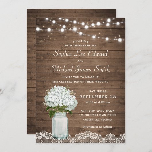 Invitation Rustique Floral Blanc Hydrangea Mason Jar Lace Lum (Devant / Derrière)