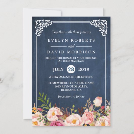 Invitation Rustique Floral Blue Chalkboard Mariage officiel (Devant)