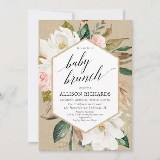 Invitation Rustique floral blush blanc fille brunch douche bé (Devant)
