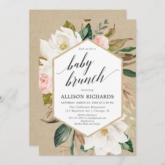 Invitation Rustique floral blush blanc fille brunch douche bé (Devant / Derrière)