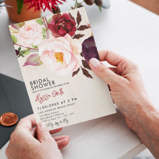 Invitation Rustique Floral Bois Marsala Bourgogne Fête des ma