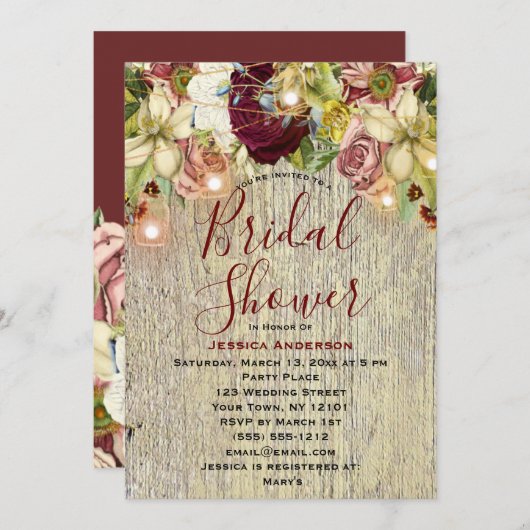 Invitation Rustique Floral Botanique Bourgogne Fête des marié (Devant / Derrière)