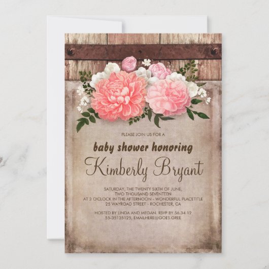Invitation Rustique Floral Burlap Grange Baby shower en bois (Devant)